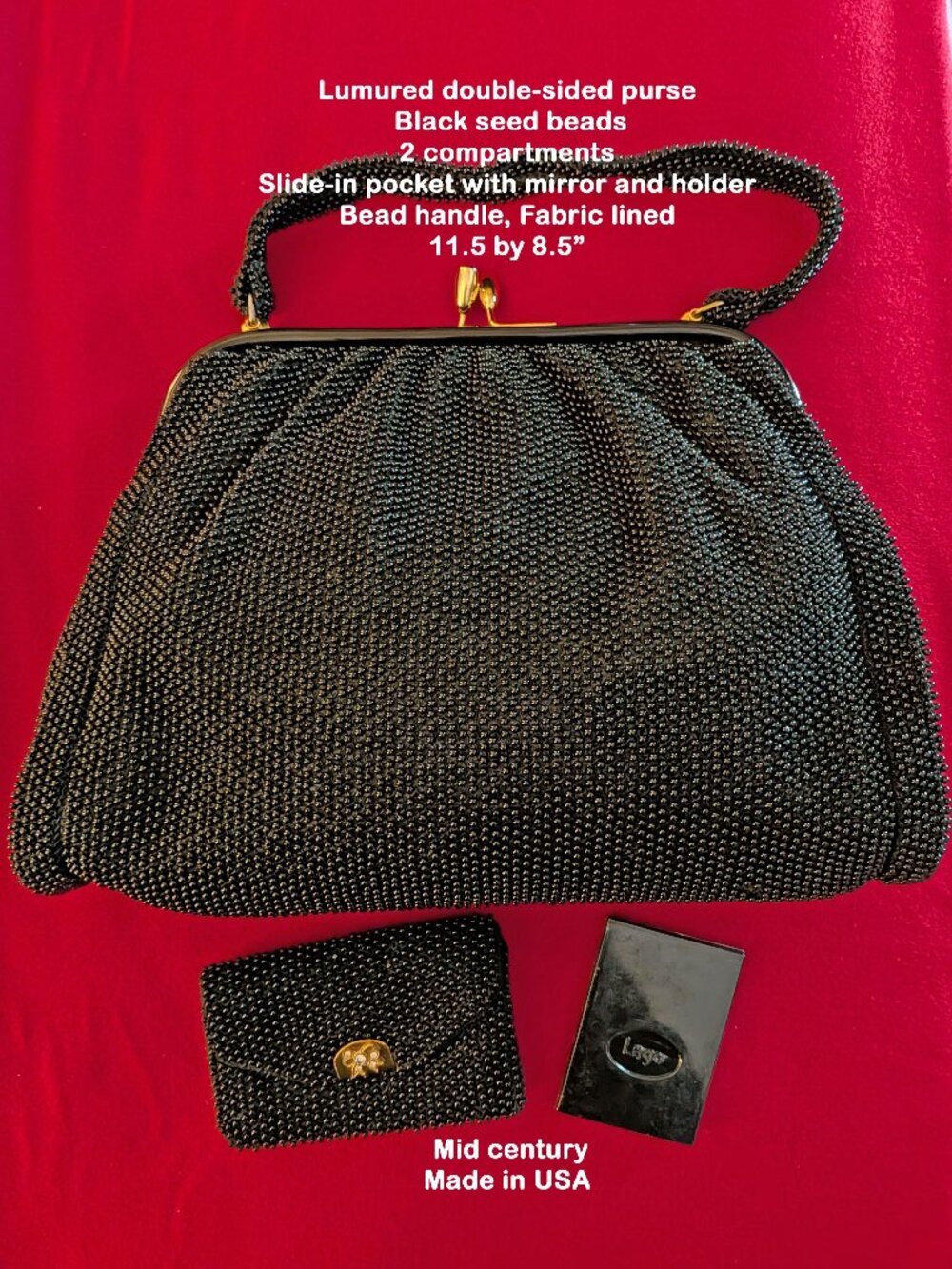 Rare! Lumured 2-sided purse, Black beads, 2 compartments, Made USA mid century